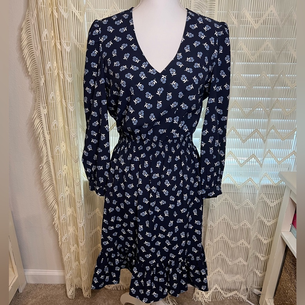 Draper James V Neck Smock Long Sleeve Floral Dress Navy Blue White Size Size